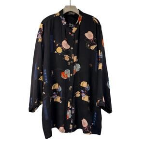 Citron Santa Monica Blouse 2X Tunic Wearable Art Asian Print 100% Silk Mandarin